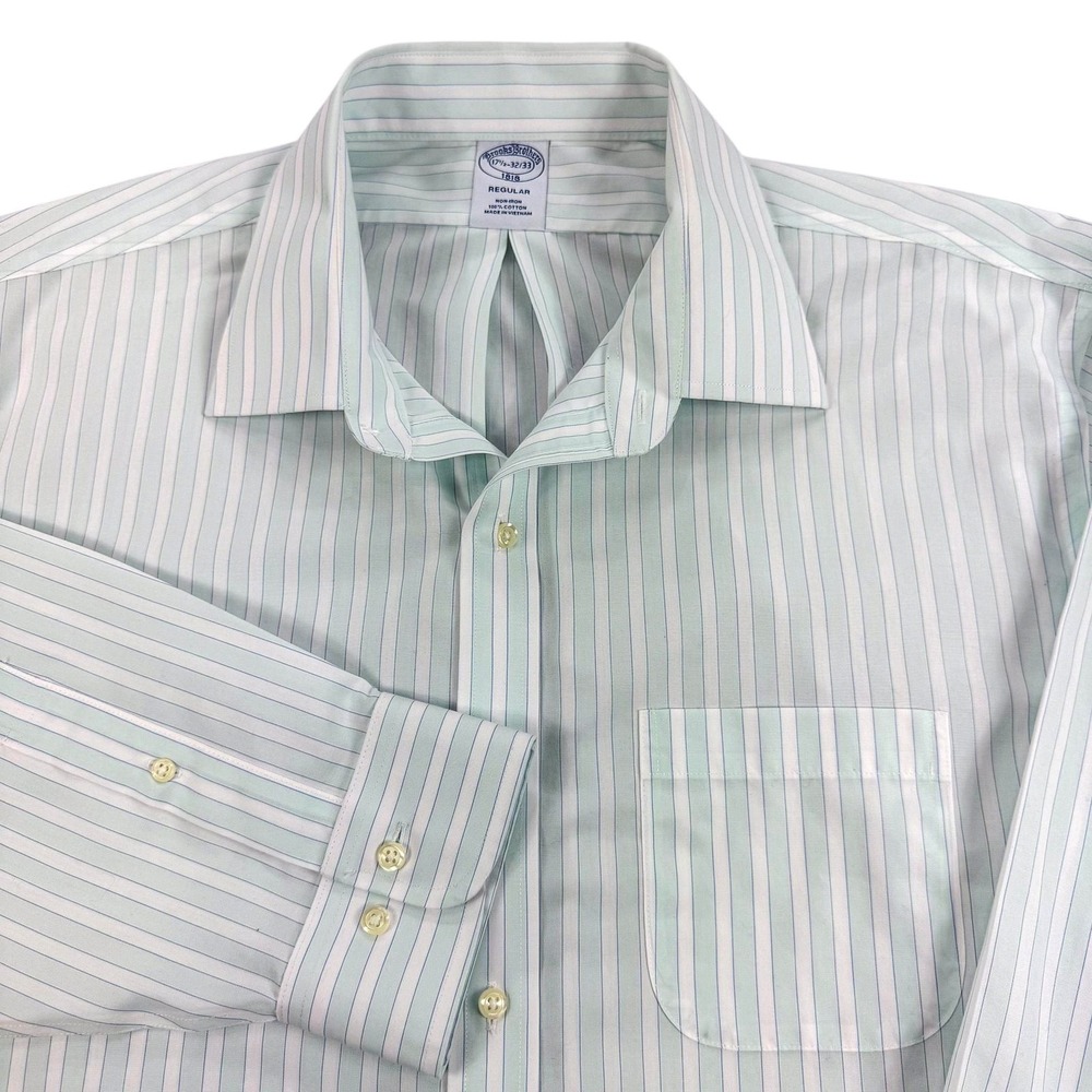 Brooks Brothers Shirt Mens 17.5 32/33 Green Stripe Regular Fit Non Iron Cotton